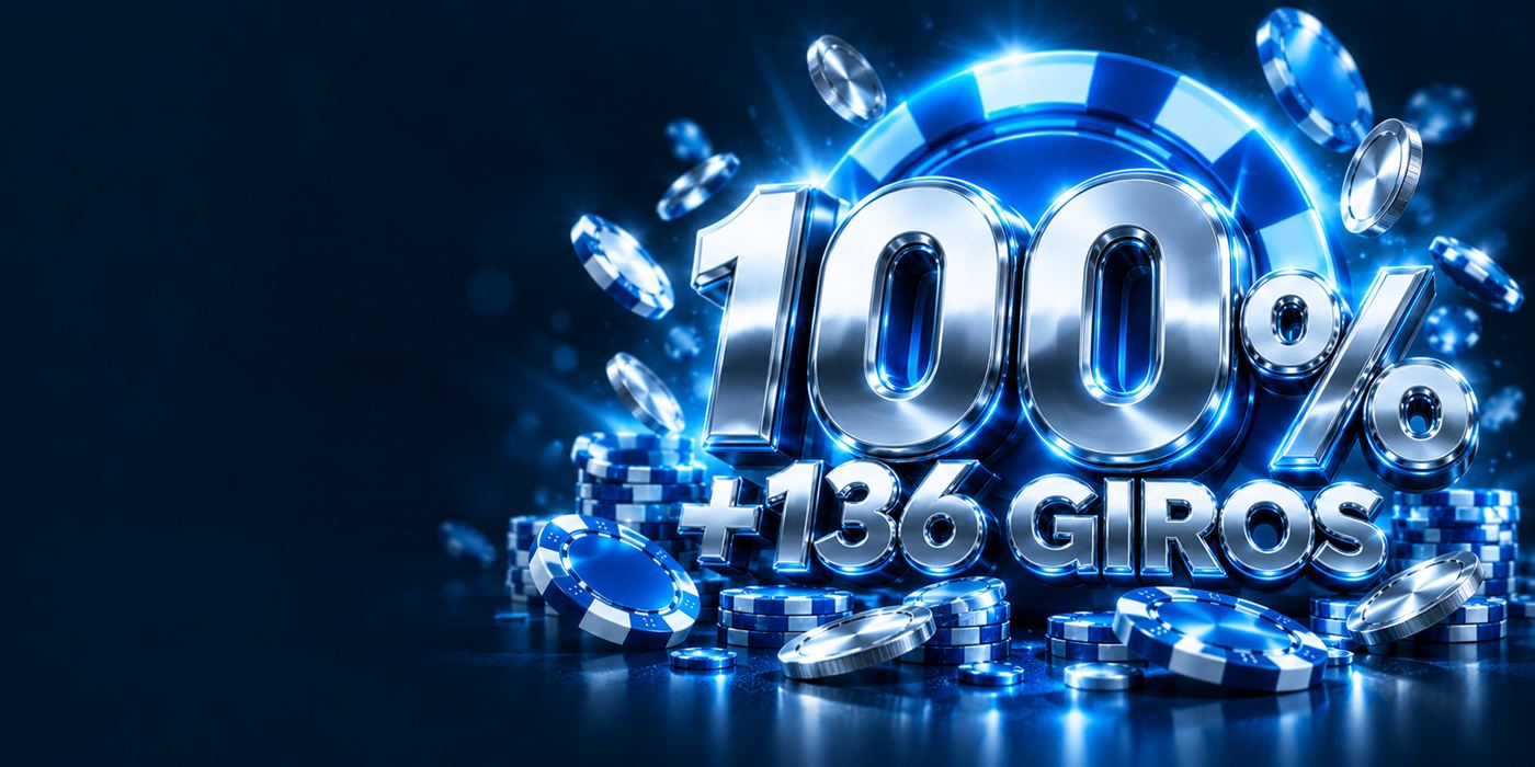 Cifras 100 % y 136 Giros en metal plateado sobre fichas de casino azules