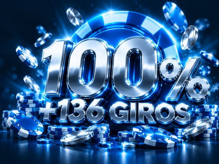 Cifras 100 % y 136 Giros en metal plateado sobre un fondo azul de fichas de casino