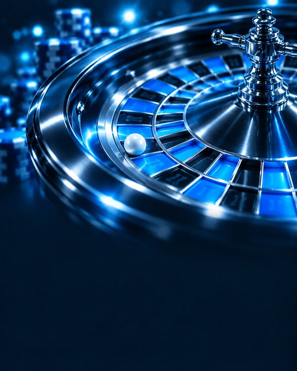 Rueda de ruleta con la bola girando entre casillas azules bajo focos de estudio